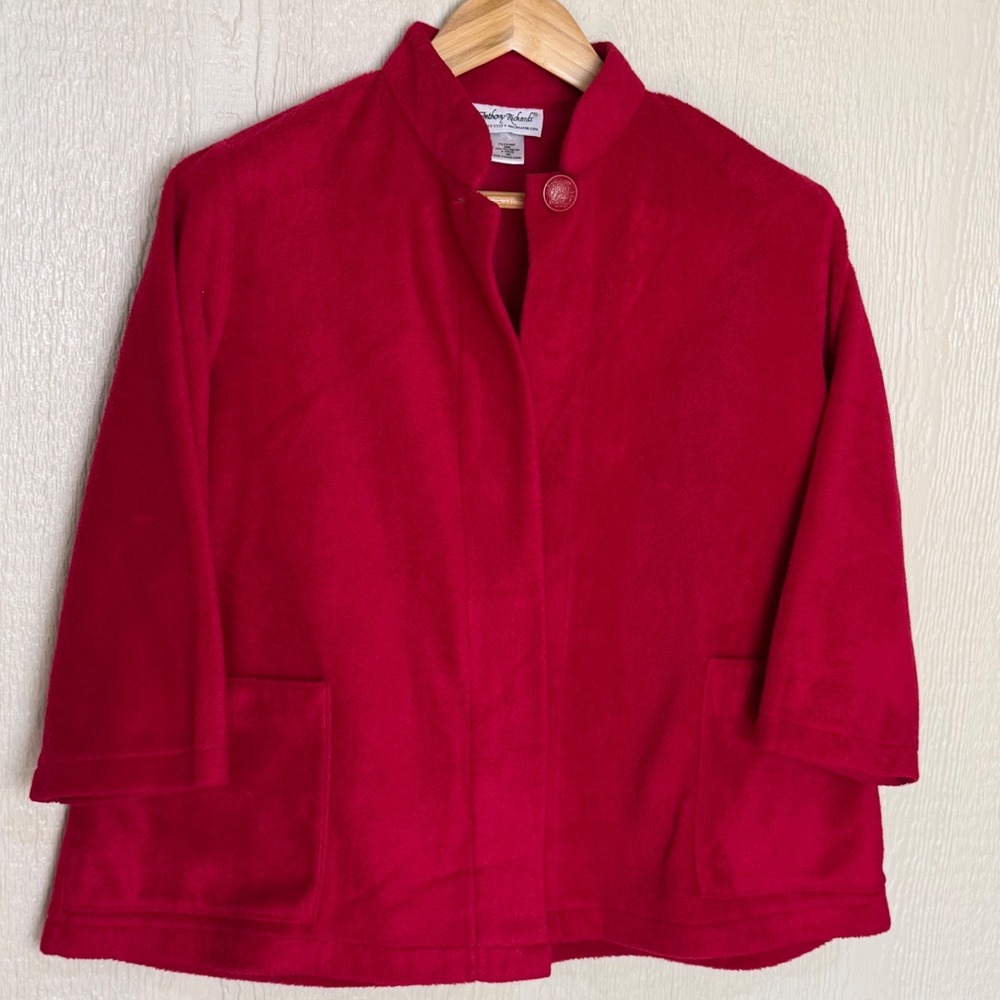 Anthony Richards Red Fleece Jacket Womens Medium Holiday Festive Open Front